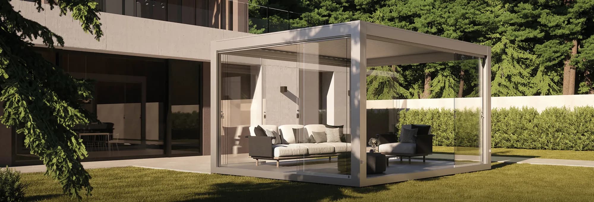 Bioclimatic pergola shading the terrace of a modern house