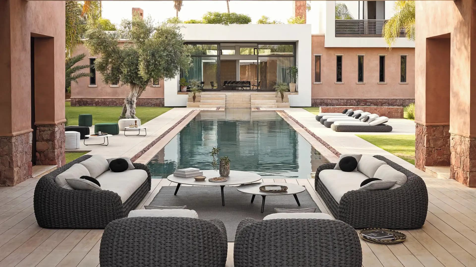 Woven outdoor sofa on a terrace